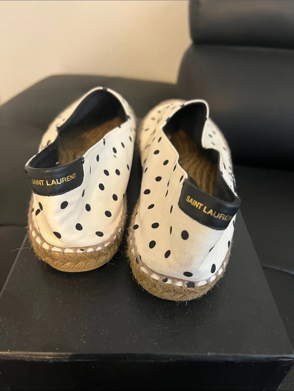 Saint Laurent Cream Espadrille Slip-On with Black Polka Dots
